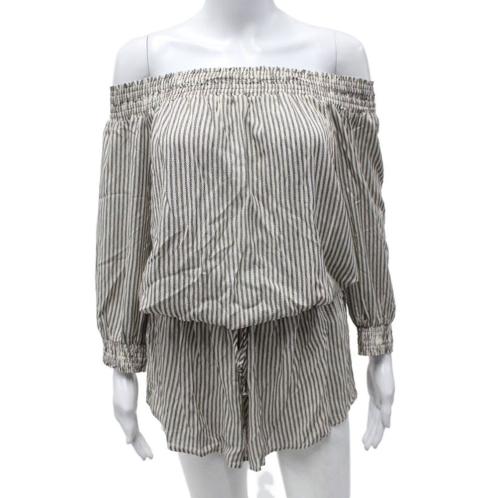 Eberjey Women Beige Striped Off Shoulder Long Sleeve Romper Size S